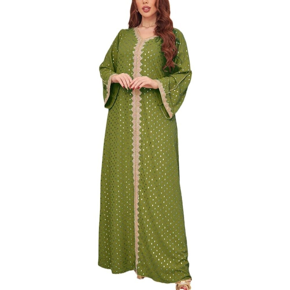 Women's Muslim Abaya Bronzing Fabric Full Length V Neck Kaftan Casual